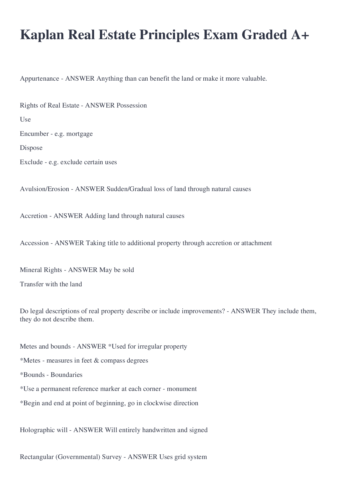 Preview image for Kaplan Real Estate Principles Exam Graded A+